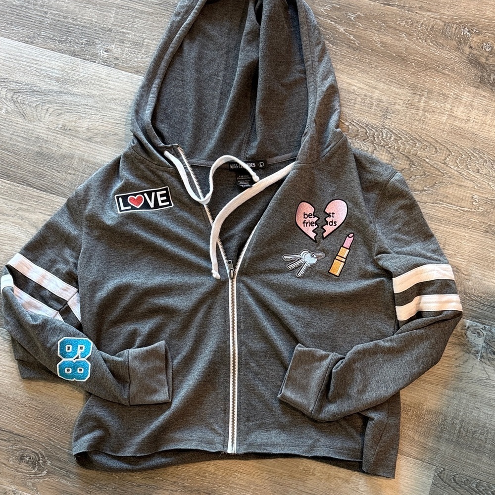 Miss Chevous Gray Hoodie with Fun Patches sz l